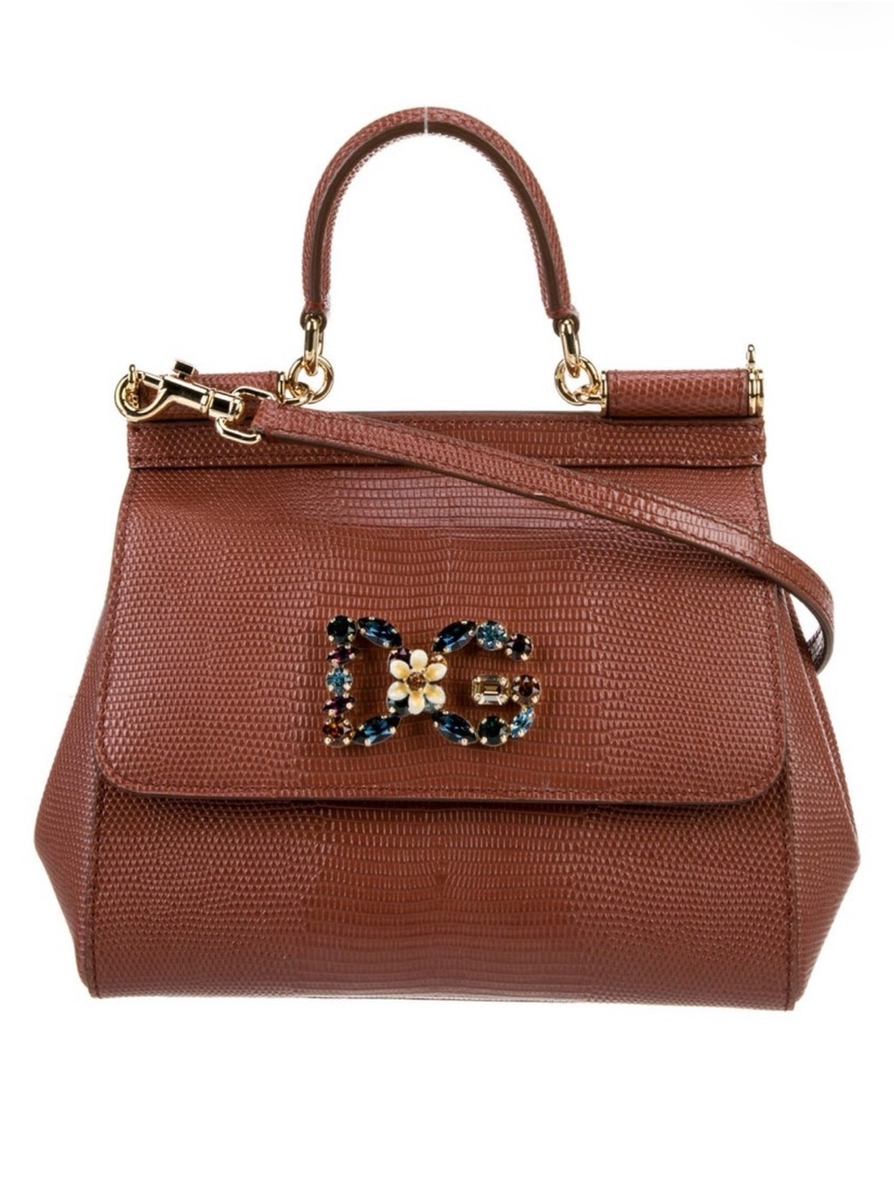 Dolce & Gabbana Brown Lizard-Embossed Sicily Top Handle Bag with Jeweled DG